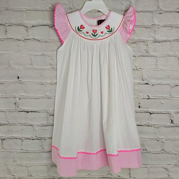 'LIL CACTUS' BISHOP DRESS SEERSUCKER SMOCKED EMBROIDERY TULIP - Picture 1 of 15
